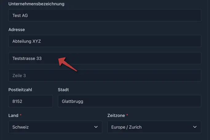 Kimai Addresse Adresszeile